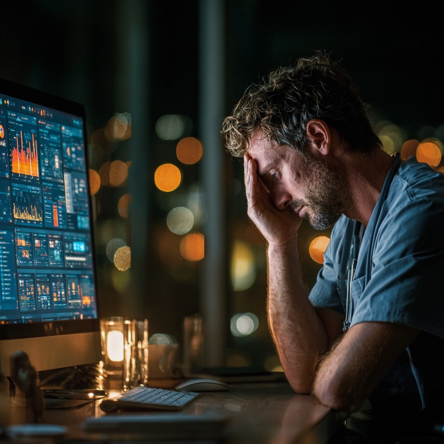Physician at screen late at night